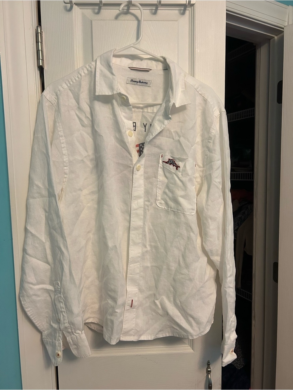 Tommy Bahama White Long-Sleeve Casual Button-Down Shirt with Chest Pocket